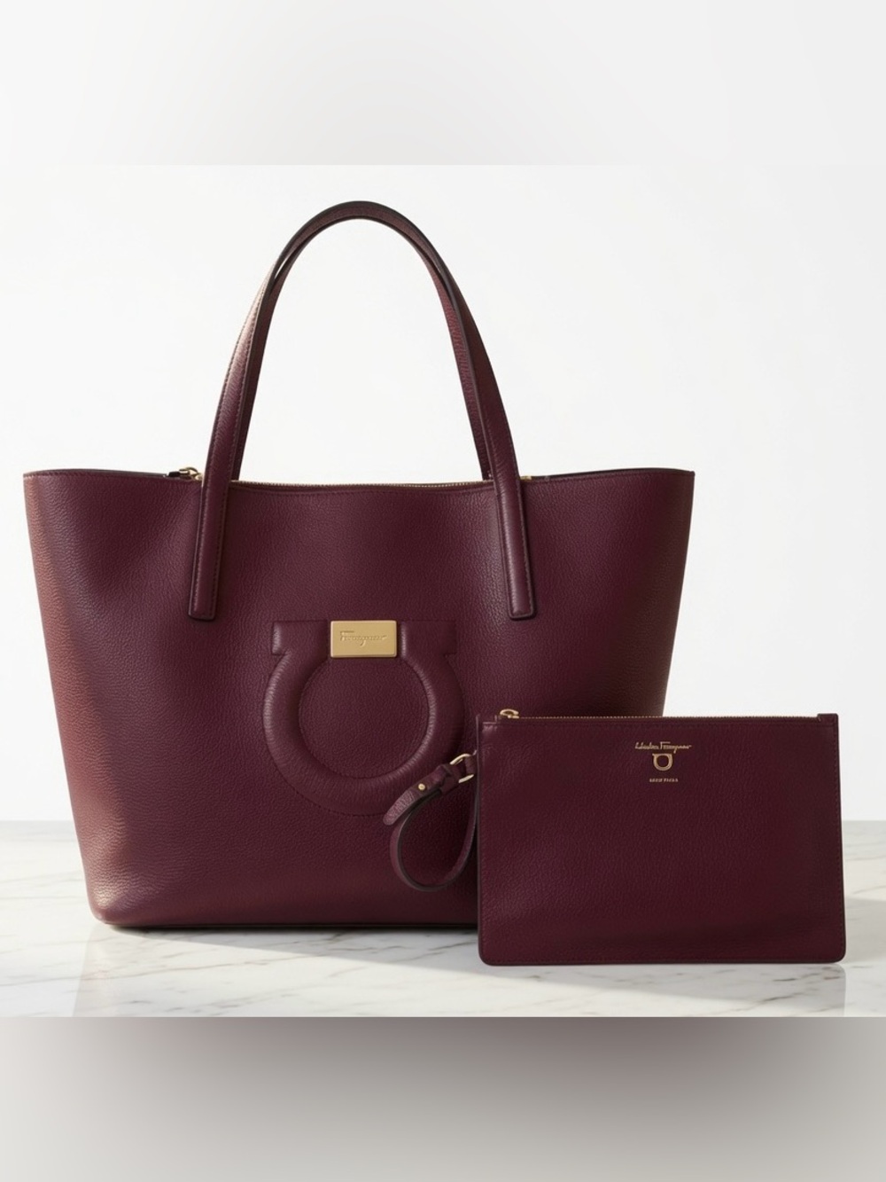 Salvatore Ferragamo Burgundy Wine Red Leather Tote with Gold